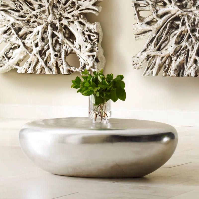 Contemporary Silver Leaf Oval Wood Coffee Table