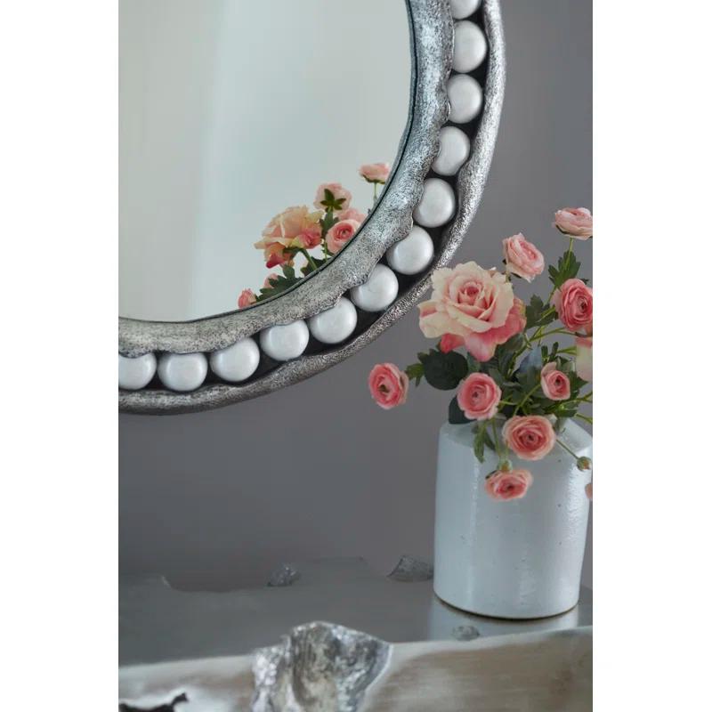 Silver Leaf Organic Round Wood Mirror with Beaded Accents