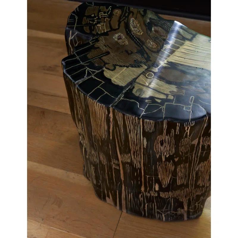 Striated Round Teak Root Cast Resin Accent Stool in Brown/Grey