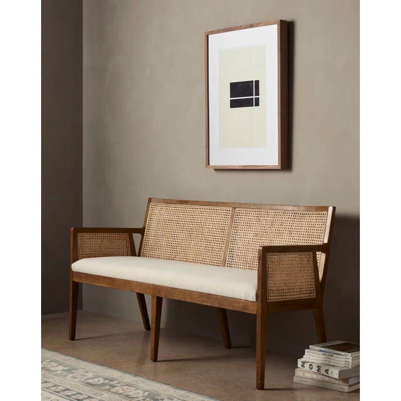 Cream Linen-Blend 63" Contemporary Cane Dining Bench