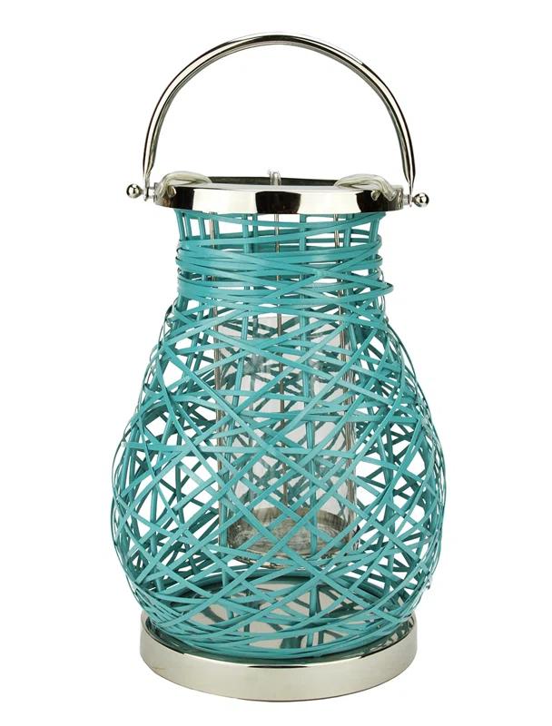 Turquoise Blue Woven Iron 16.25" Hanging Candle Lantern with Glass Hurricane