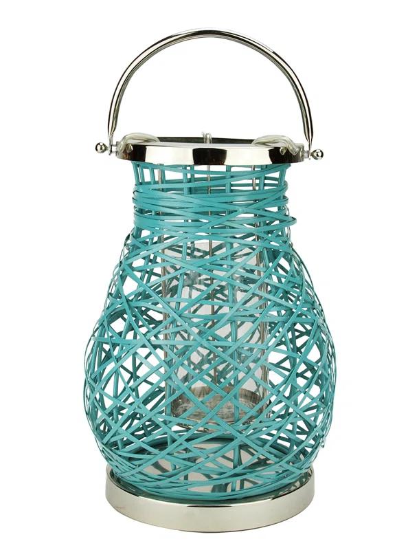 Turquoise Blue Woven Iron 16.25" Hanging Candle Lantern with Glass Hurricane