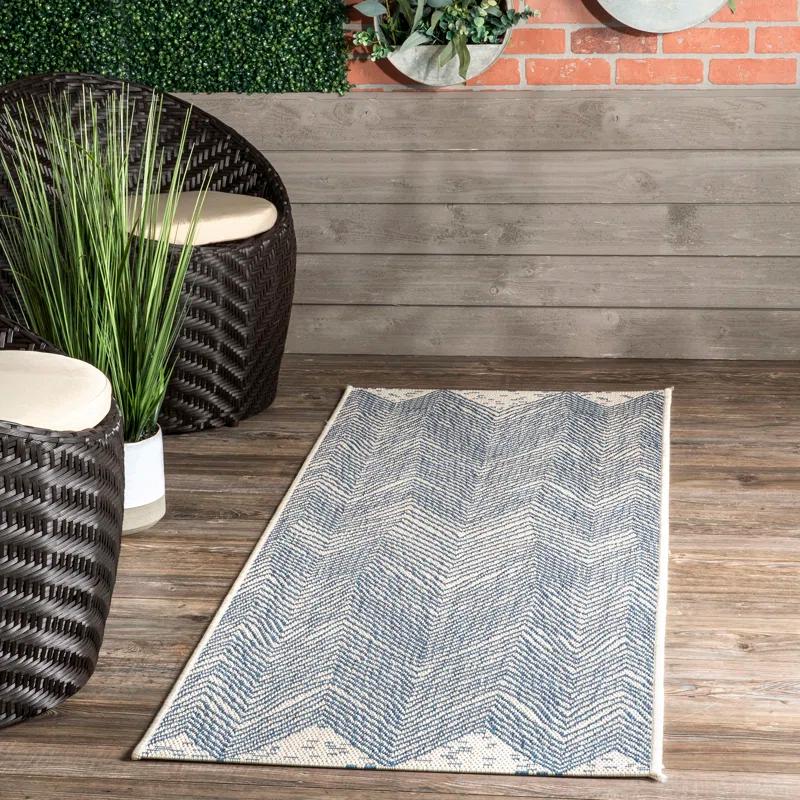 Dunham Abstract Indoor/Outdoor Area Rug for Living Room Patio Deck Front Porch Kitchen, Blue/Ivory
