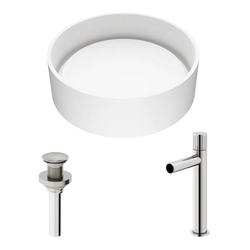 Serenity Stone 16" White Circular Above-Counter Vessel Sink with Brushed Nickel Faucet
