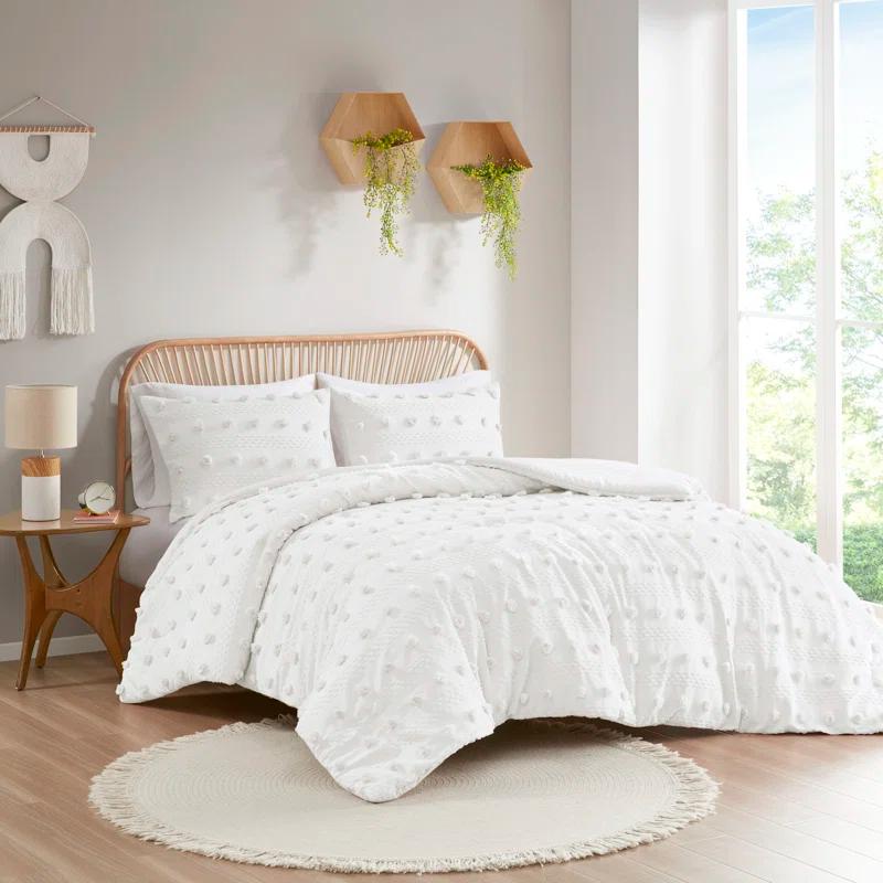 Ivory Clip Jacquard Queen Duvet Cover Set with Pom Poms