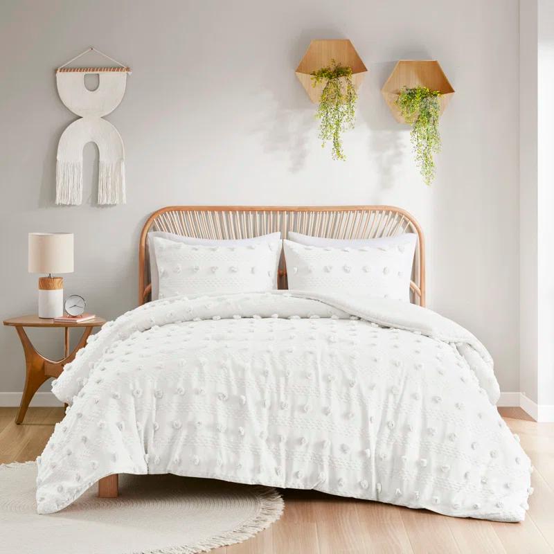 Ivory Clip Jacquard Queen Duvet Cover Set with Pom Poms