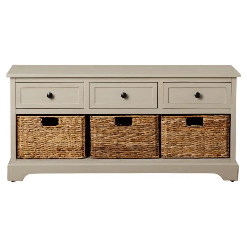 Transitional Gray 42" Solid Wood Storage Bench with Wicker Baskets