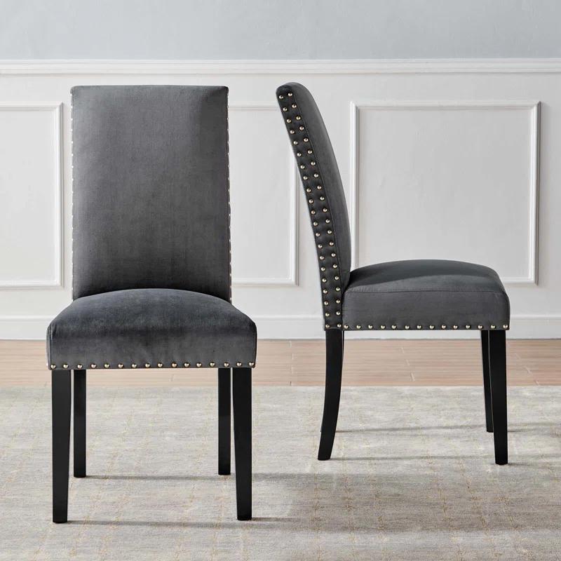 Charcoal Velvet Upholstered Parsons Side Chair with Nailhead Trim