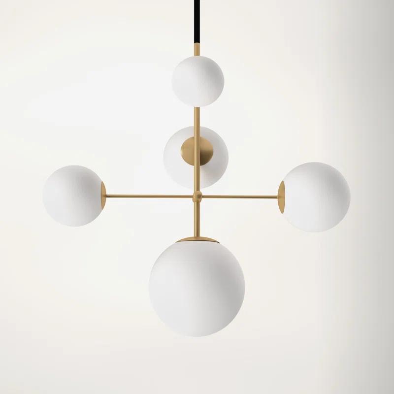 Vesper Satin Brass & Black 5-Light Globe Pendant with Satin White Glass