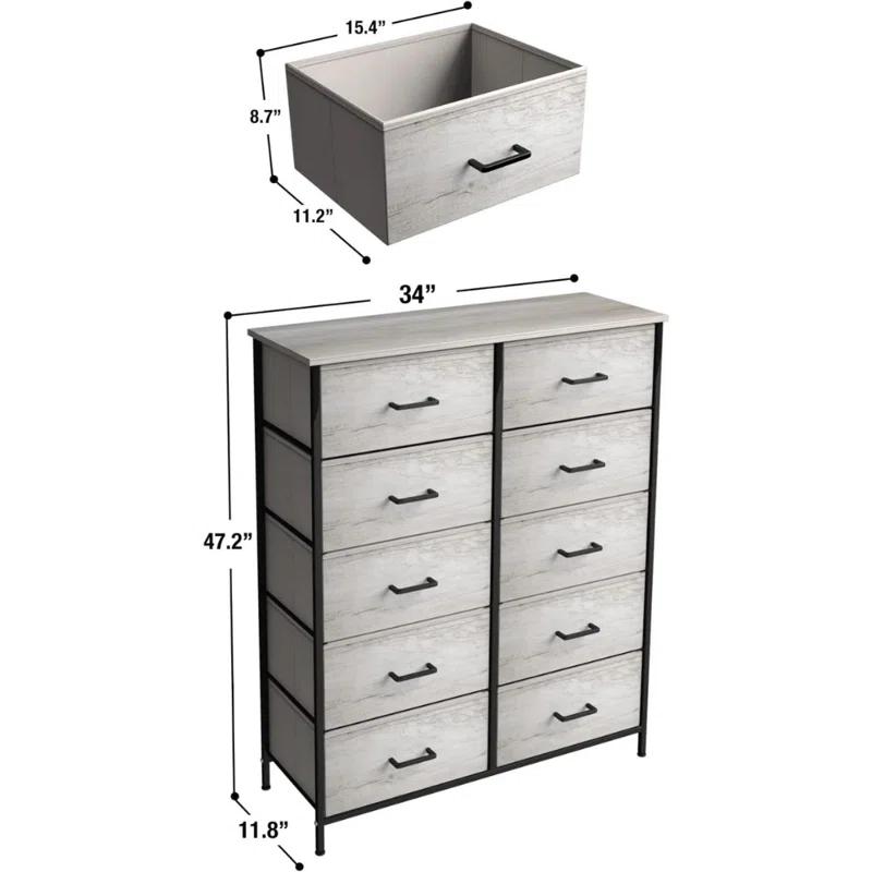 Sorbus Greige 10-Drawer Dresser with Faux Wood Bins & Steel Frame