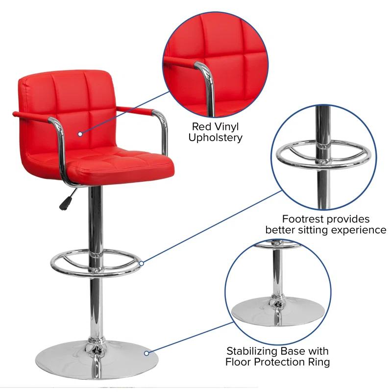 Flash Furniture Contemporary Quilted Vinyl Adjustable Height Barstool with Arms and Chrome Base