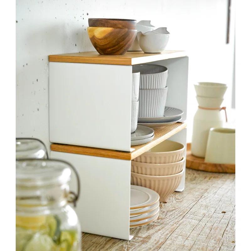 White Steel and Wood Stackable Countertop Organizer