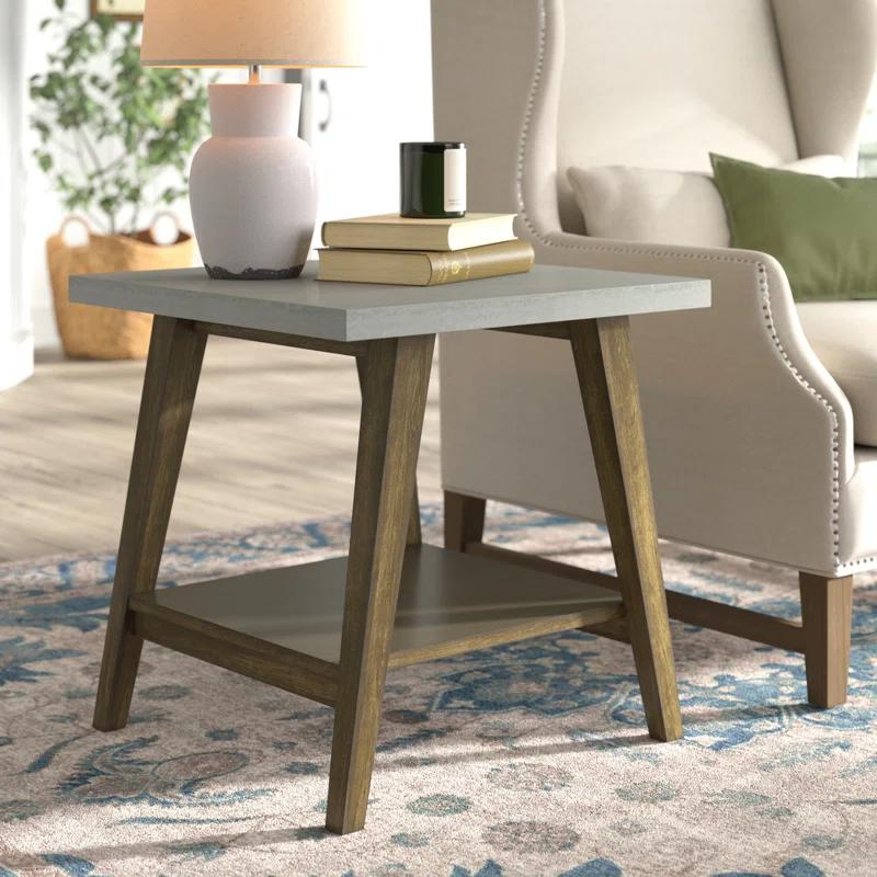 Transitional Auburn Wood & Concrete Gray Square End Table