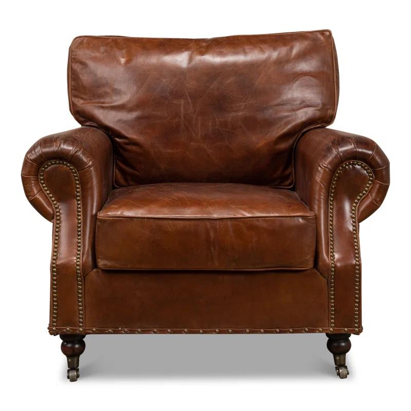 Papa's Brown Leather Traditional Arm Chair with Nailhead Trim