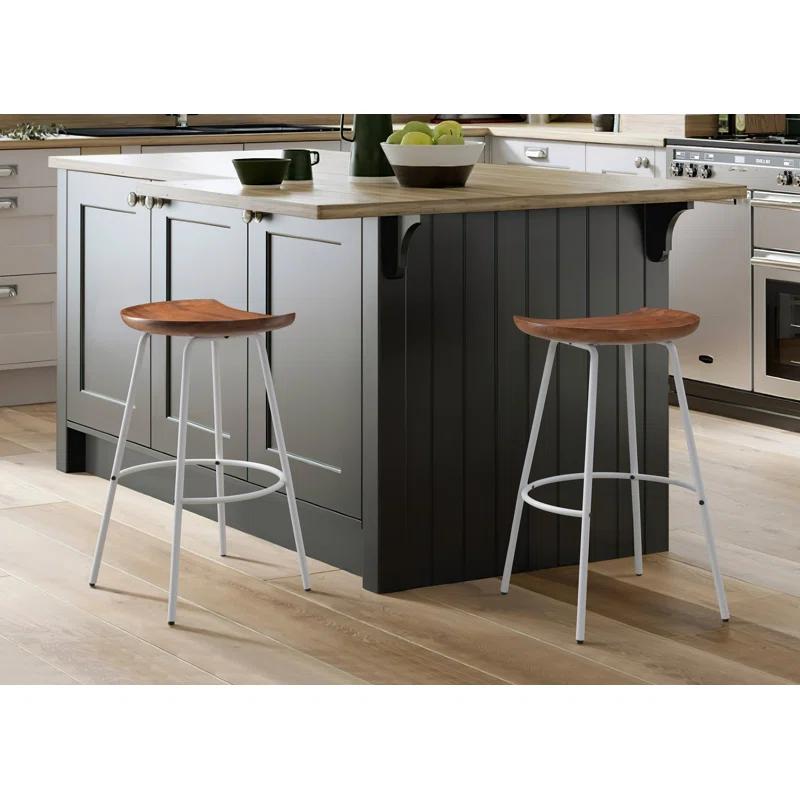 Milano 24" White Steel and Walnut Wood Finish Modern Barstool