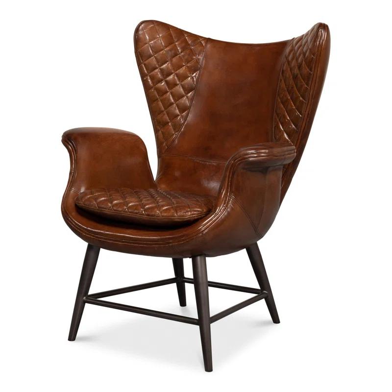 Contemporary Quilted Genuine Leather Balloon Arm Chair in Rich Brown