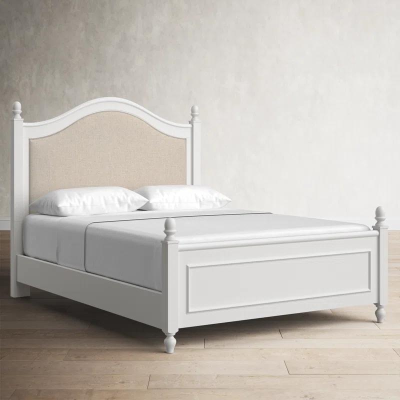 Elegant Transitional Queen Poster Bed with Linen Upholstered Headboard in White