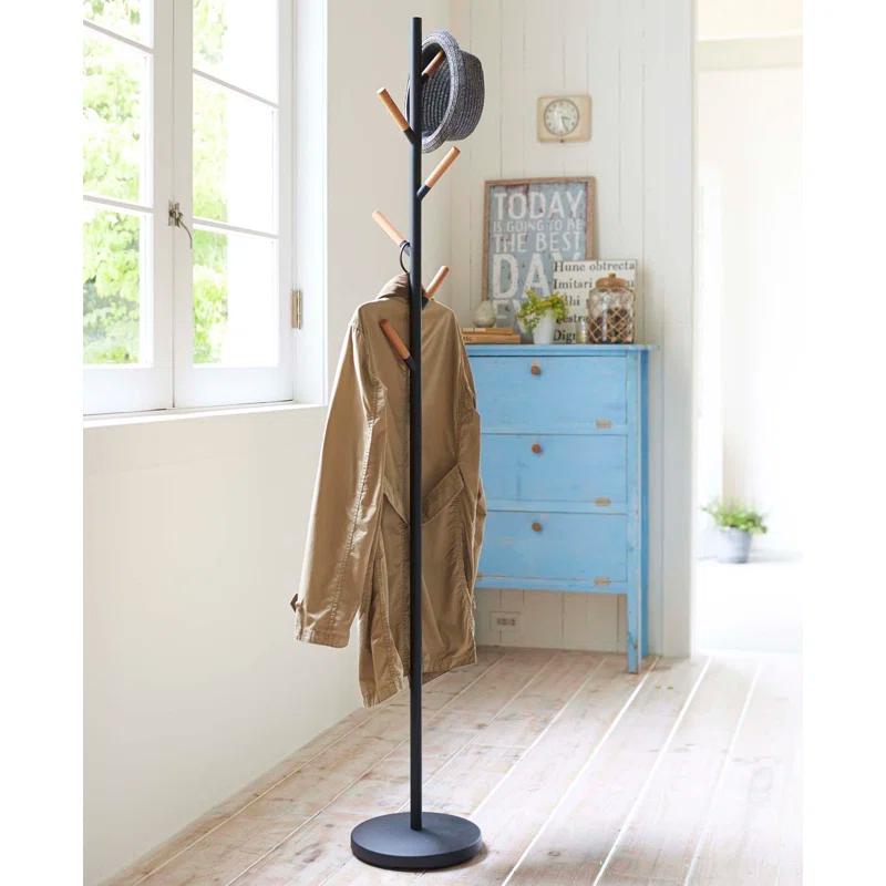 Sleek Yamazaki Black Freestanding Coat Rack with Wood-Tipped Hooks