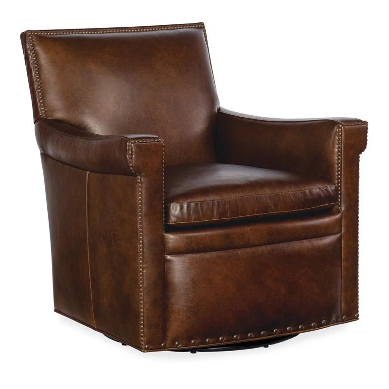 Brown Leather Swivel Club Chair with Manufactured Wood Base