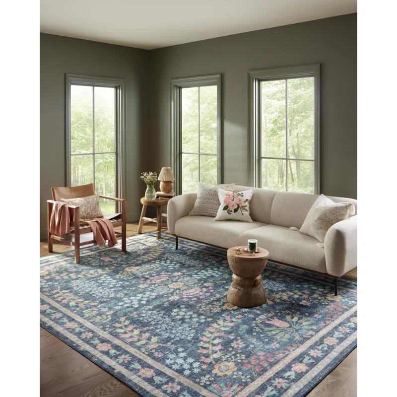 Enchanted Garden 18" Square Blue Botanical Easy-Care Area Rug