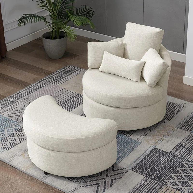 Beige Linen Swivel Barrel Chair with Storage Ottoman