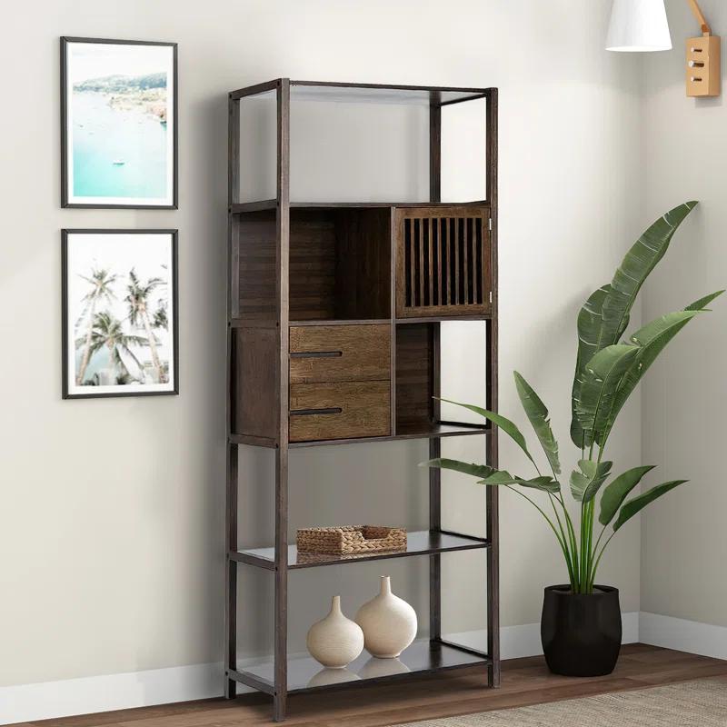 Axa Dark Brown Bamboo Right-Facing Bookcase with Cabinet and Cubbies