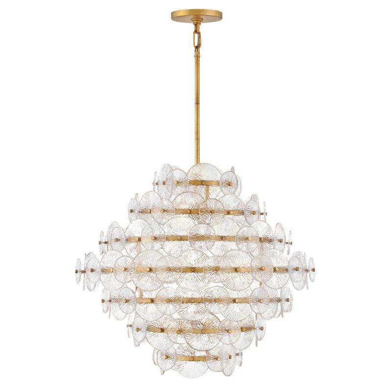 Rene Distressed Brass 16-Light Tiered Chandelier with Clear Pressed Glass