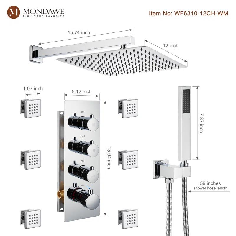 Herathena 3 Functions Wall Mounted Luxury Shower System with 6 Body Jets (Rough-in Valve Included)