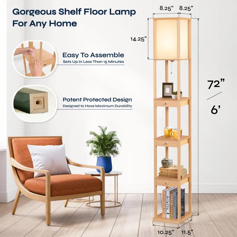72" Natural Wood LED Floor Lamp with Shelves and Drawers
