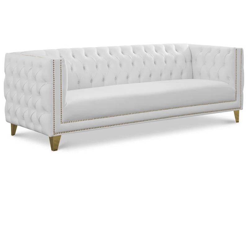 Michelle 90'' White Faux Leather Tufted Sofa with Gold Nailhead Trim