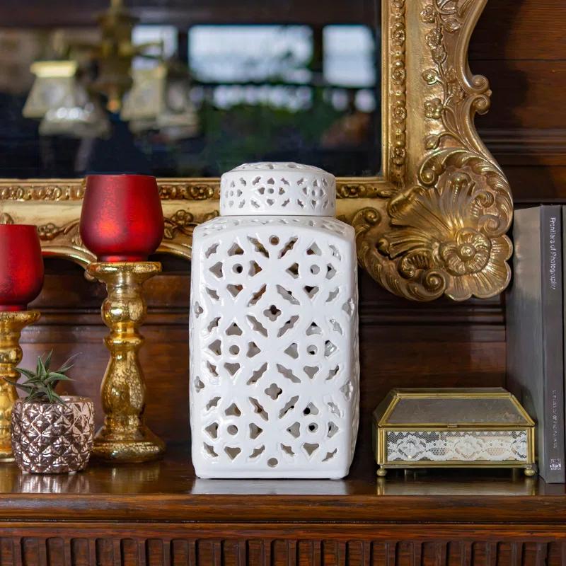 12" White Carved Square Ginger Jar