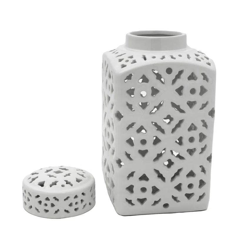 12" White Carved Square Ginger Jar