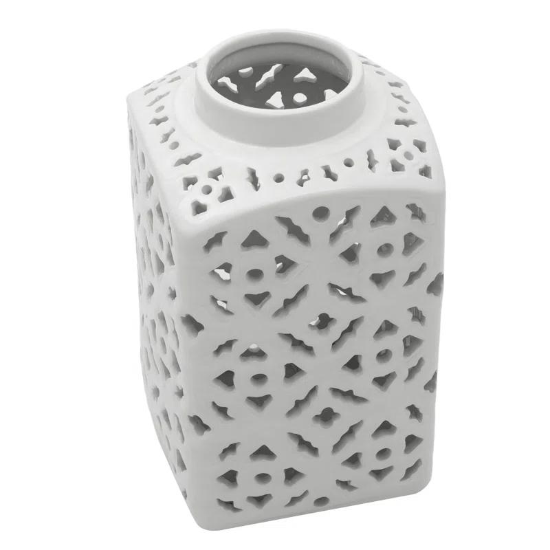 12" White Carved Square Ginger Jar