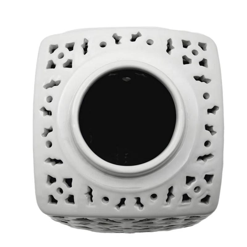 12" White Carved Square Ginger Jar