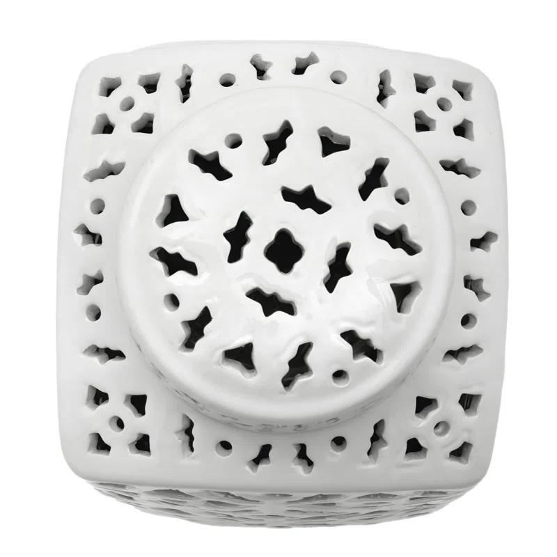 12" White Carved Square Ginger Jar