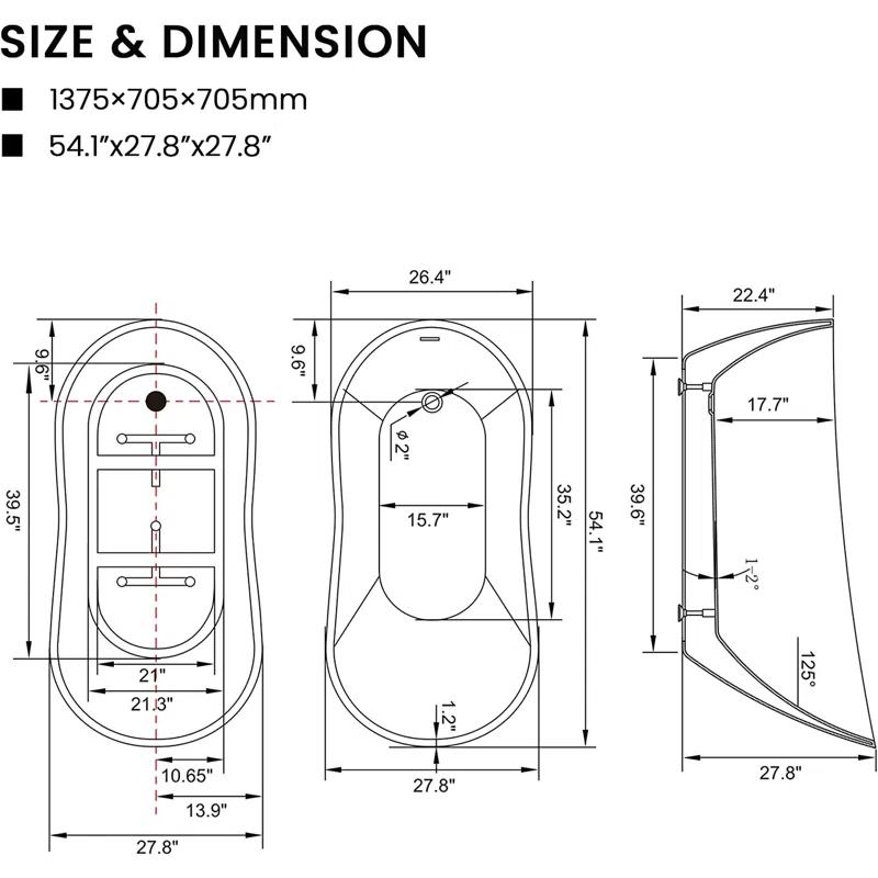 54" X 28" Freestanding Soaking Acrylic Bathtub