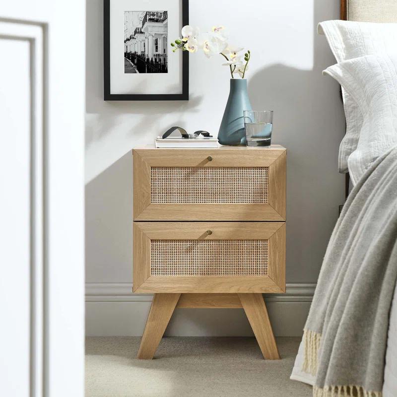 Soma Oak 2-Drawer Nightstand with Rattan Weave Detail