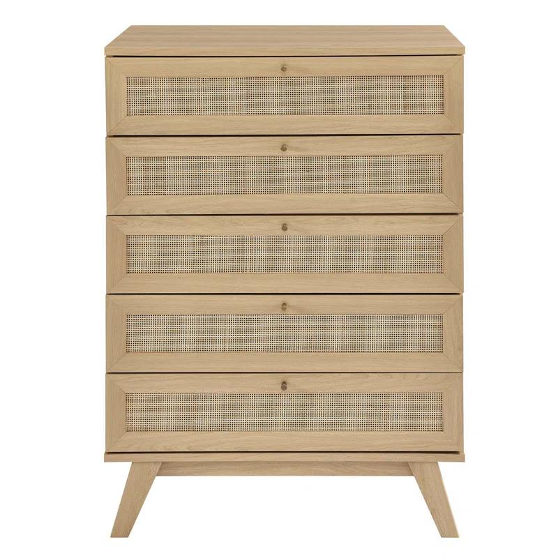 Soma Oak 5-Drawer Chest with Rattan Weave and Splayed Legs