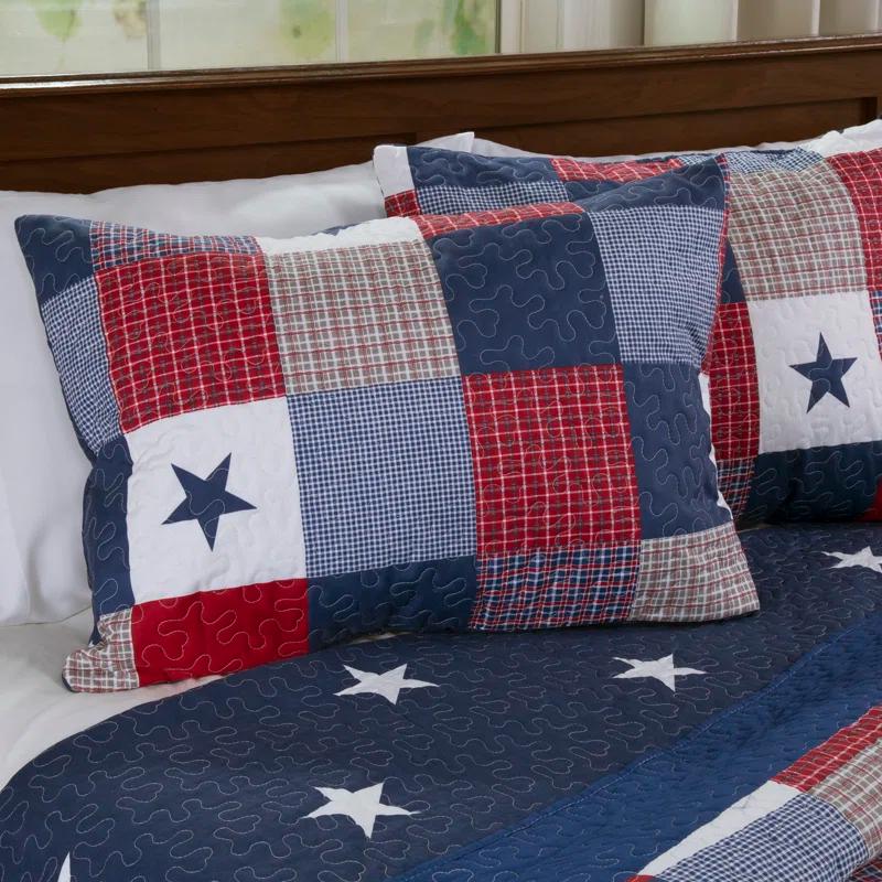 Lavish Home Caroline Quilt Set - Microfiber Americana Stars and Plaid Patchwork Bedding with 2 Pillow Shams