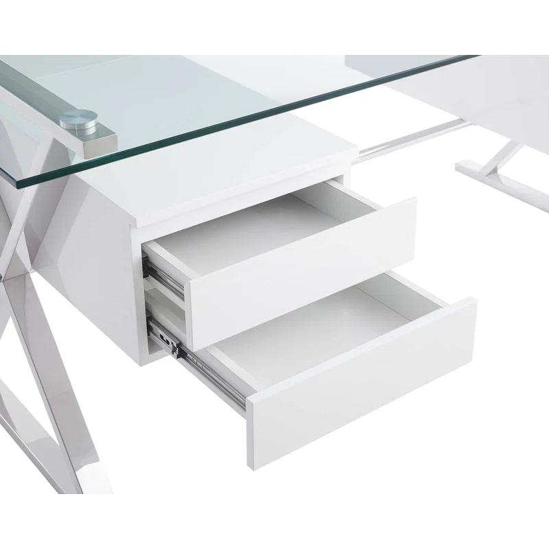 Elegant 71" White Glass Desk with Floating Drawers & Steel Frame