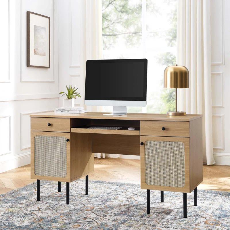 Chaucer Oak Wood Executive Desk with Rattan Detail and Storage