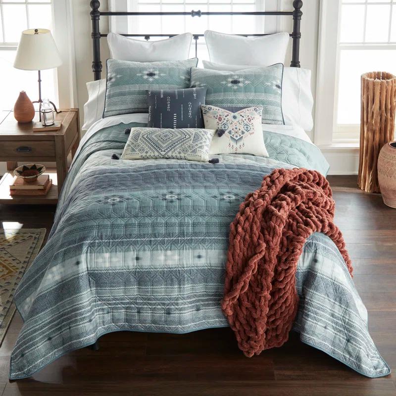 Tempe Southwest Striped King Quilt Set in Slate Grey and Ivory