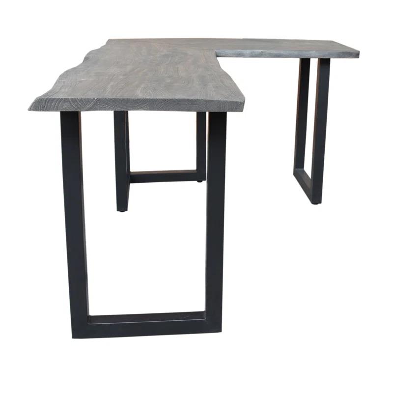 Gray L-Shaped Acacia Wood and Iron Writing Desk