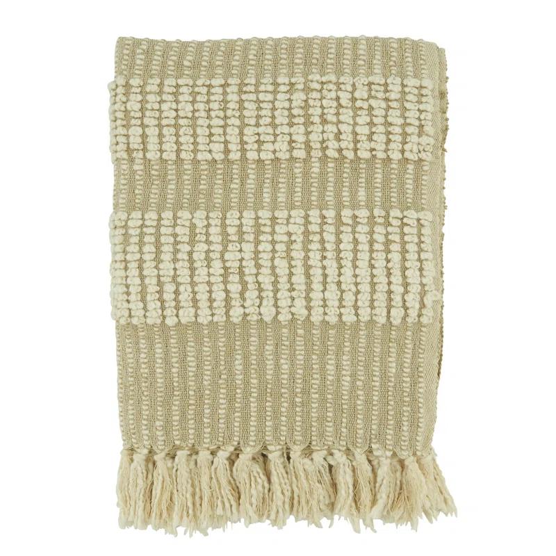 Tasseled Edge Natural Cotton Woven Stripe Throw Blanket