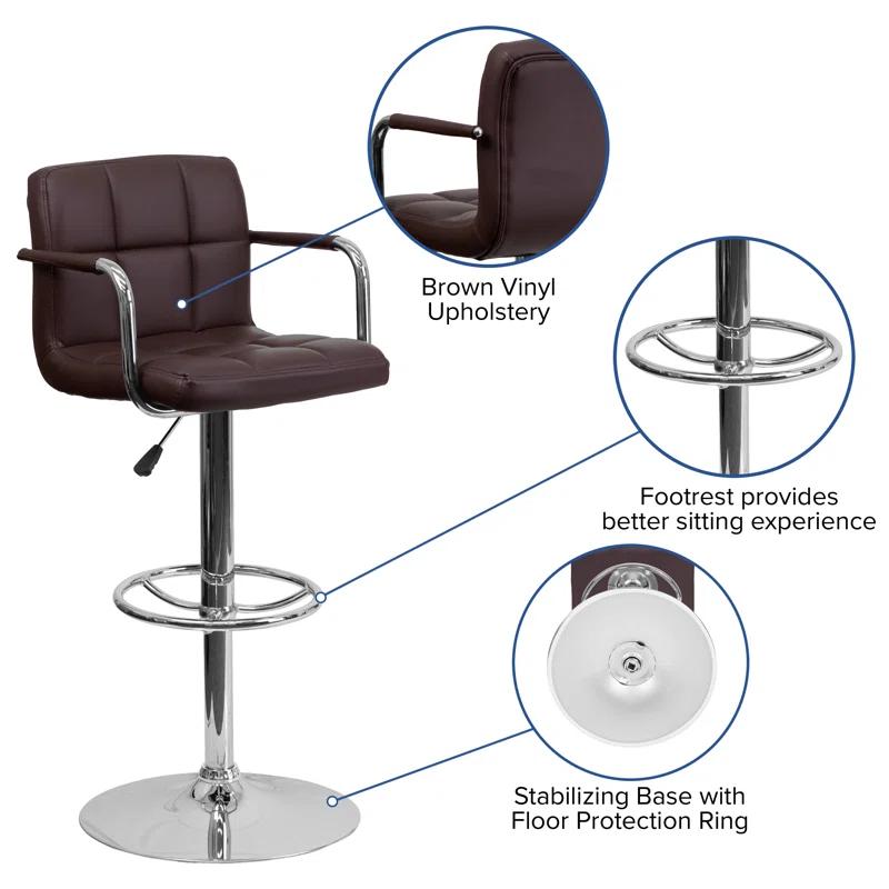 Sleek Brown Quilted Vinyl Adjustable Swivel Barstool with Chrome Base