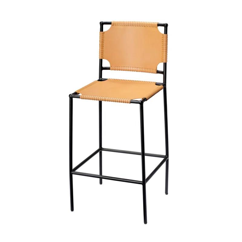 Cashew Beige Sling-Style Leather and Steel Rustic Bar Stool