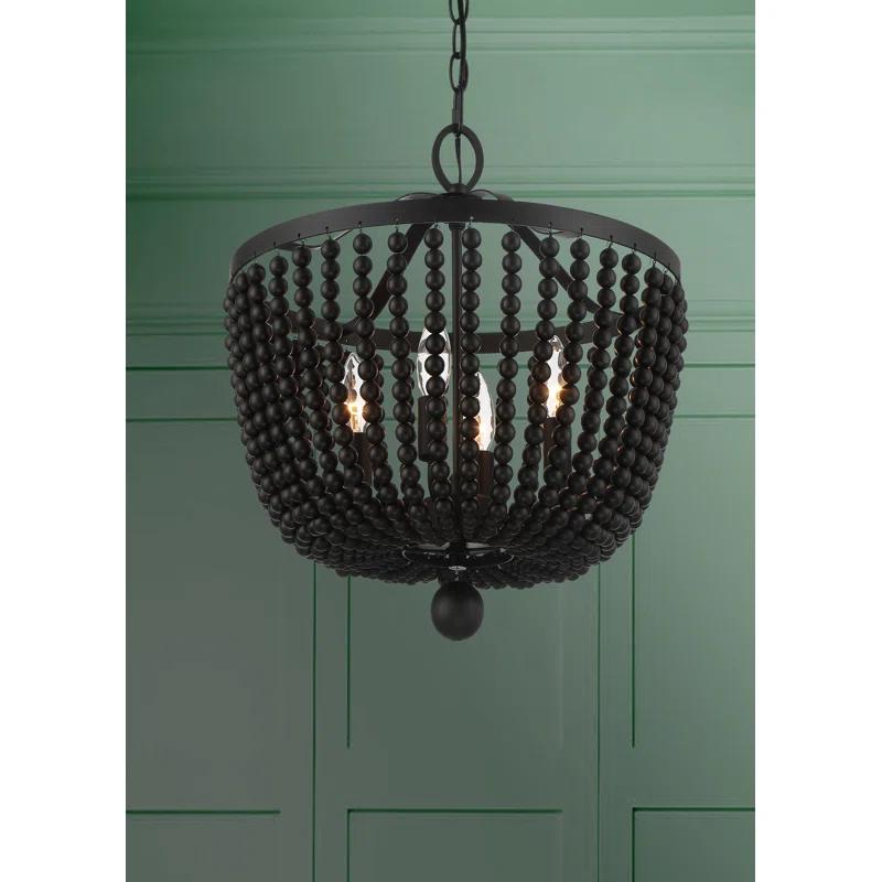 Mini Matte Black Crystal and Wood Bead 4-Light Chandelier