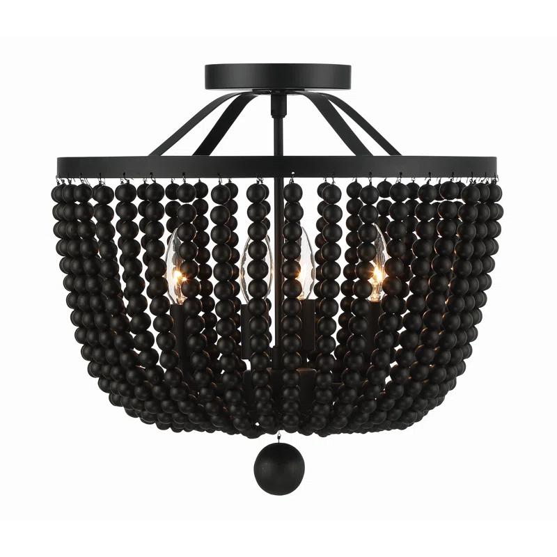 Mini Matte Black Crystal and Wood Bead 4-Light Chandelier