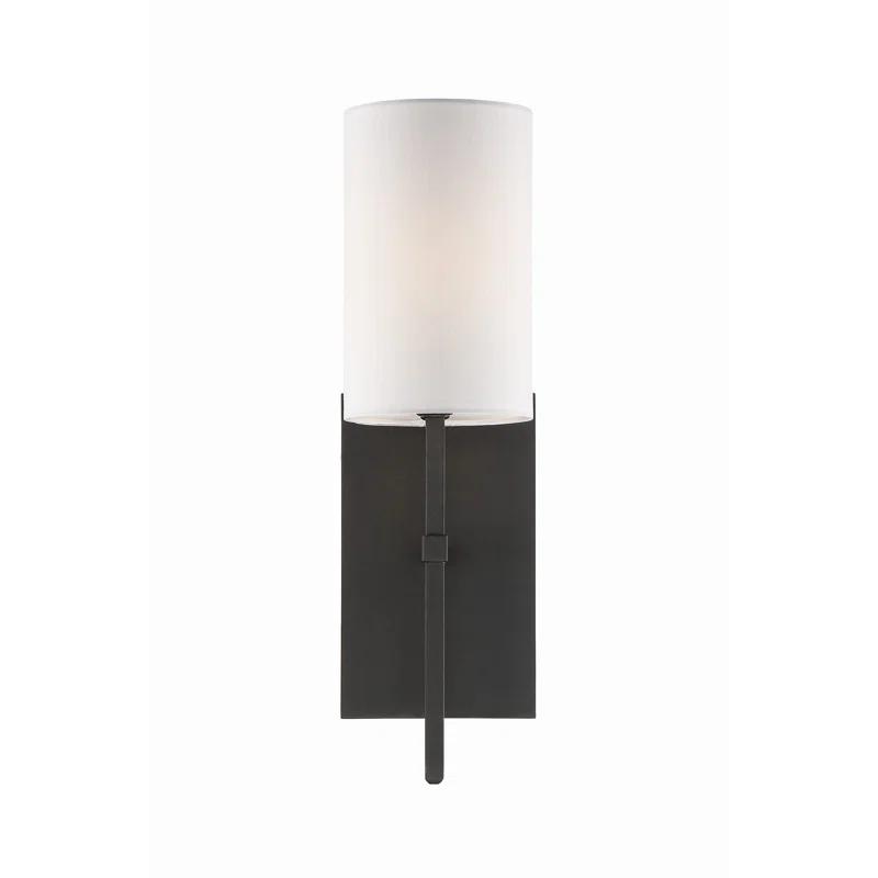 Sleek Black Forged Cylinder Wall Sconce with White Silk Shade