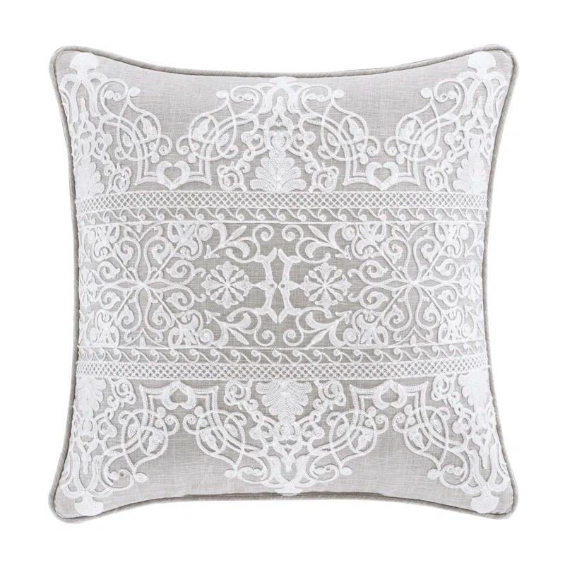 Aimee Embroidered Cream Damask 20" Square Throw Pillow